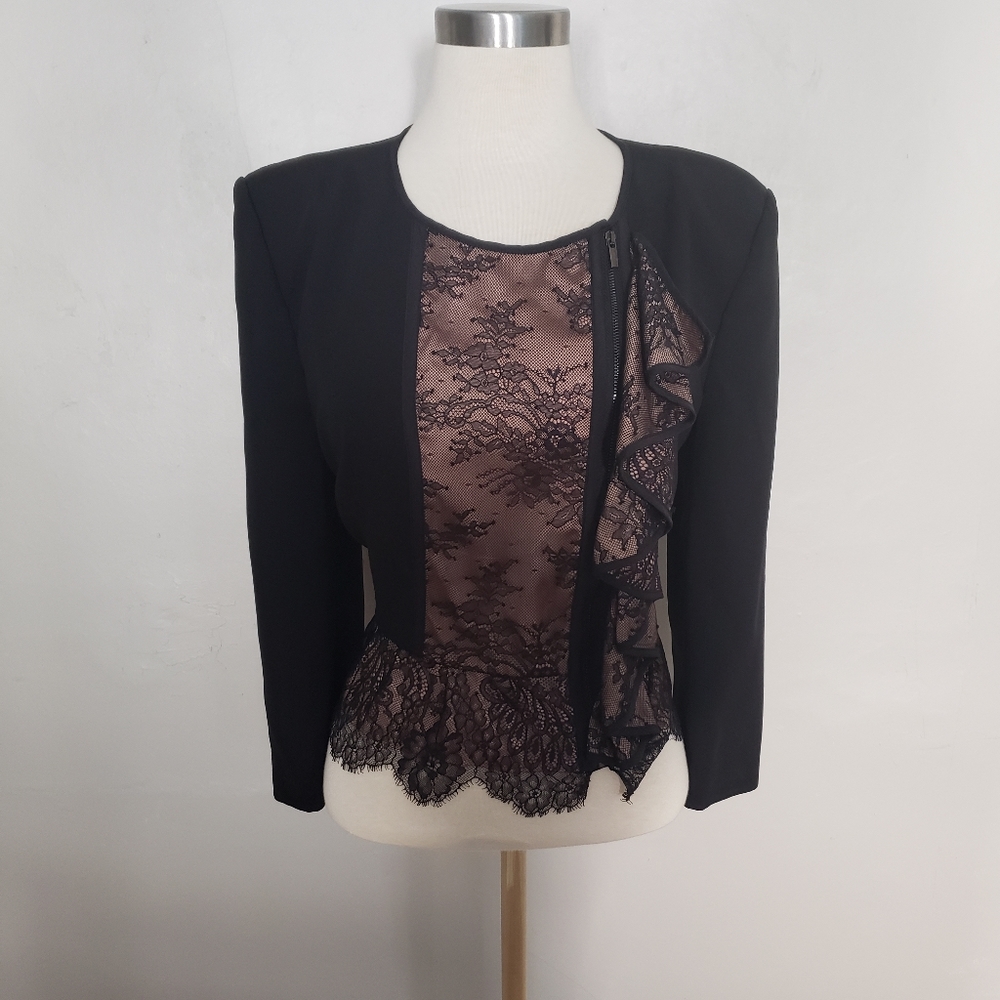 BCBGMAXAZRIA black lace zip up blouse business